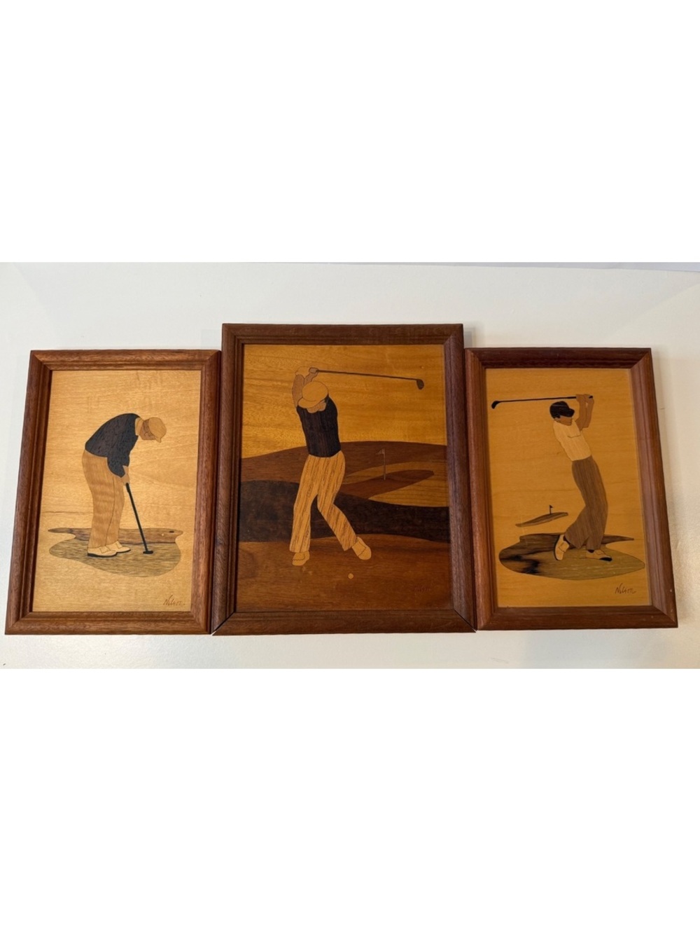Jeff Nelson Hudson River Inlay Golf Marquetry Wood Art Signed Set of 3